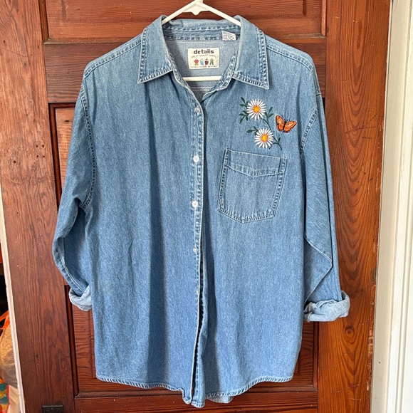 details Tops - Women's Blue Denim Shirt with Embroidered Flowers